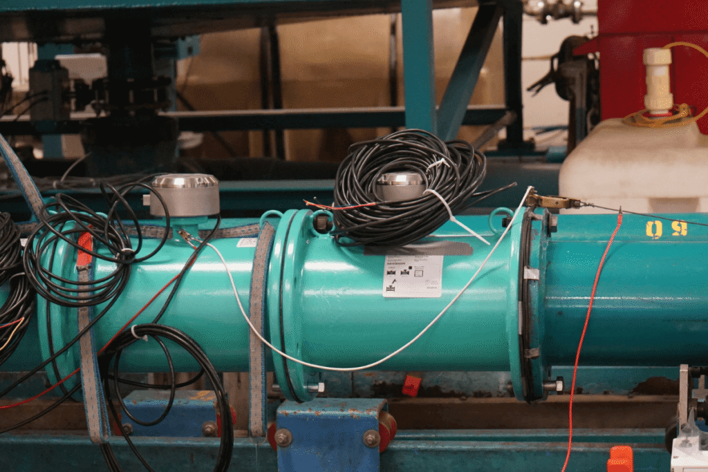 Two meters and cables in a pipeline indoors.