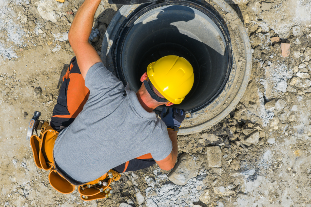 Man wearing a hard hat looking into an open manhole.