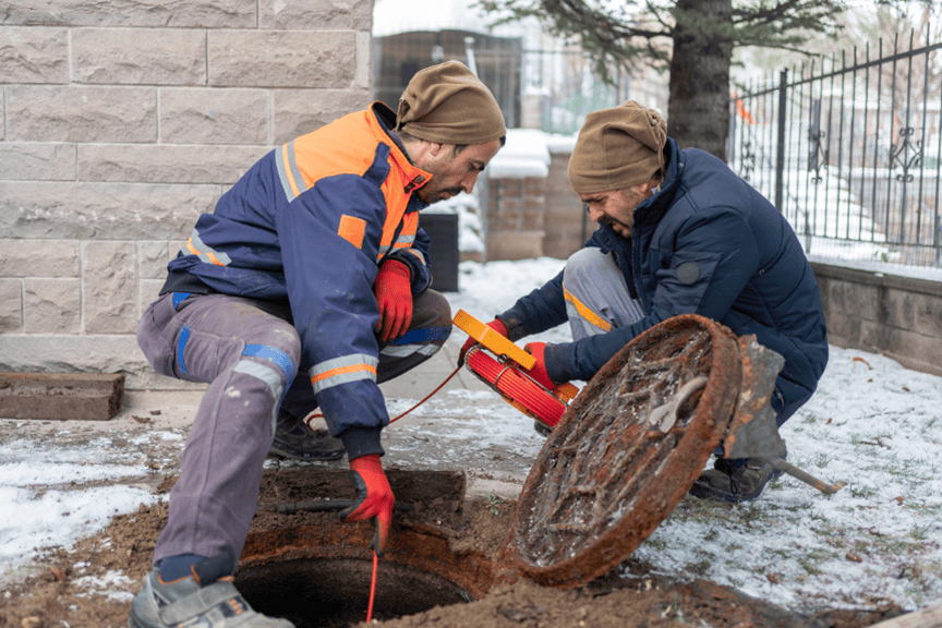 Technicians conducting a manhole inspection with a camera.