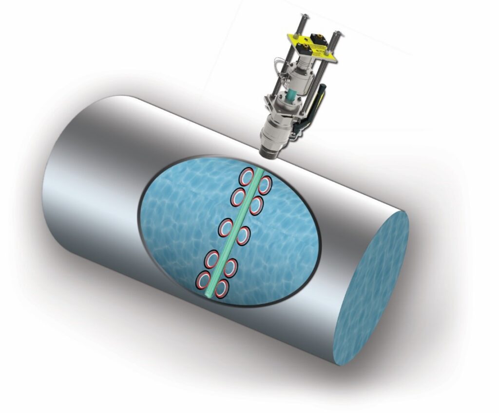 A full-profile insertion (FPI) mag meter has multiple sensors that reach across the full diameter of the pipe. Each sensor takes a measurement and averages them to determine the flow rate. This allows the FPI mag meter to take accurate readings even near bends and valves.