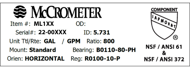 A sample of the identifying information on the McPropeller flow meter showing certification to NSF standards.
