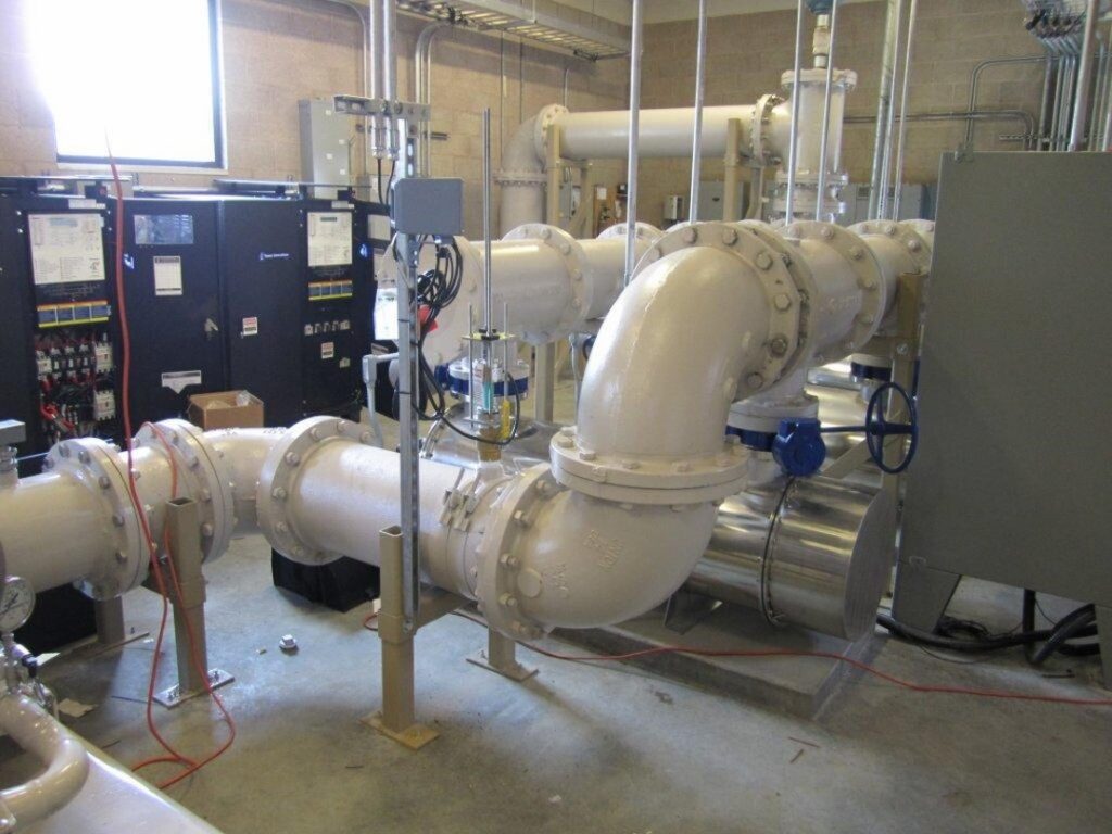 Figure 1. The customer needed a more accurate flow measurement in the pumping station before the takeoff after the S-bends. However, the station had limited pipe room and no ability to shut down the pumps. Using a full-profile insertion (FPI) mag meter, the customer was able to choose a location that gave as much upstream diameters as possible.